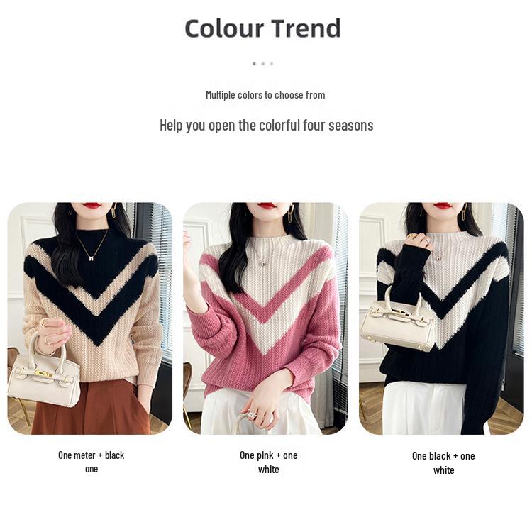 Colorblock Cashmere Turtleneck Sweater - Women's Slimming Autumn/Winter Knitted Pullover
