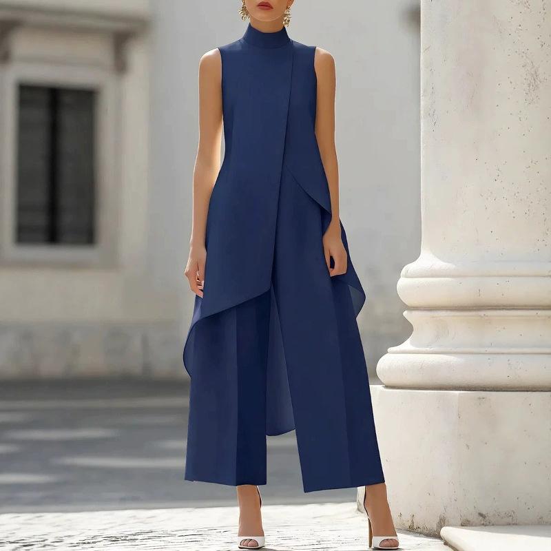 Damen ärmelloser Anzug mit hohem Kragen und weitem Bein, asymmetrischer Saum, lässig, locker sitzend, einfarbig, langes Hosen-Set