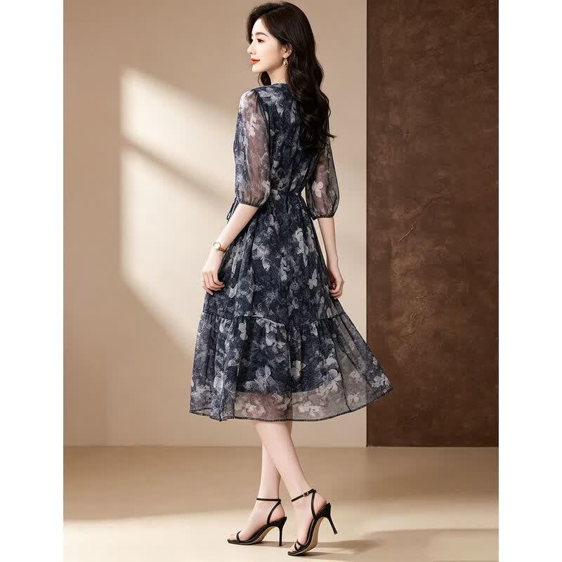 D.F.DEAR Elegant 100% Mulberry Silk A-Line Midi Dress