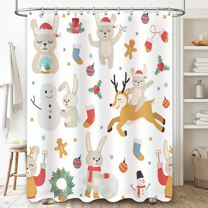 Christmas Shower Curtain Festive White Holiday Decor with Reindeer and Bunnies for Bathroom