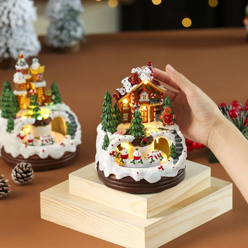 Christmas House Village Electric Music Box Glowing Christmas Snow Village Santa Claus House Miniature Ornaments Xmas Decor