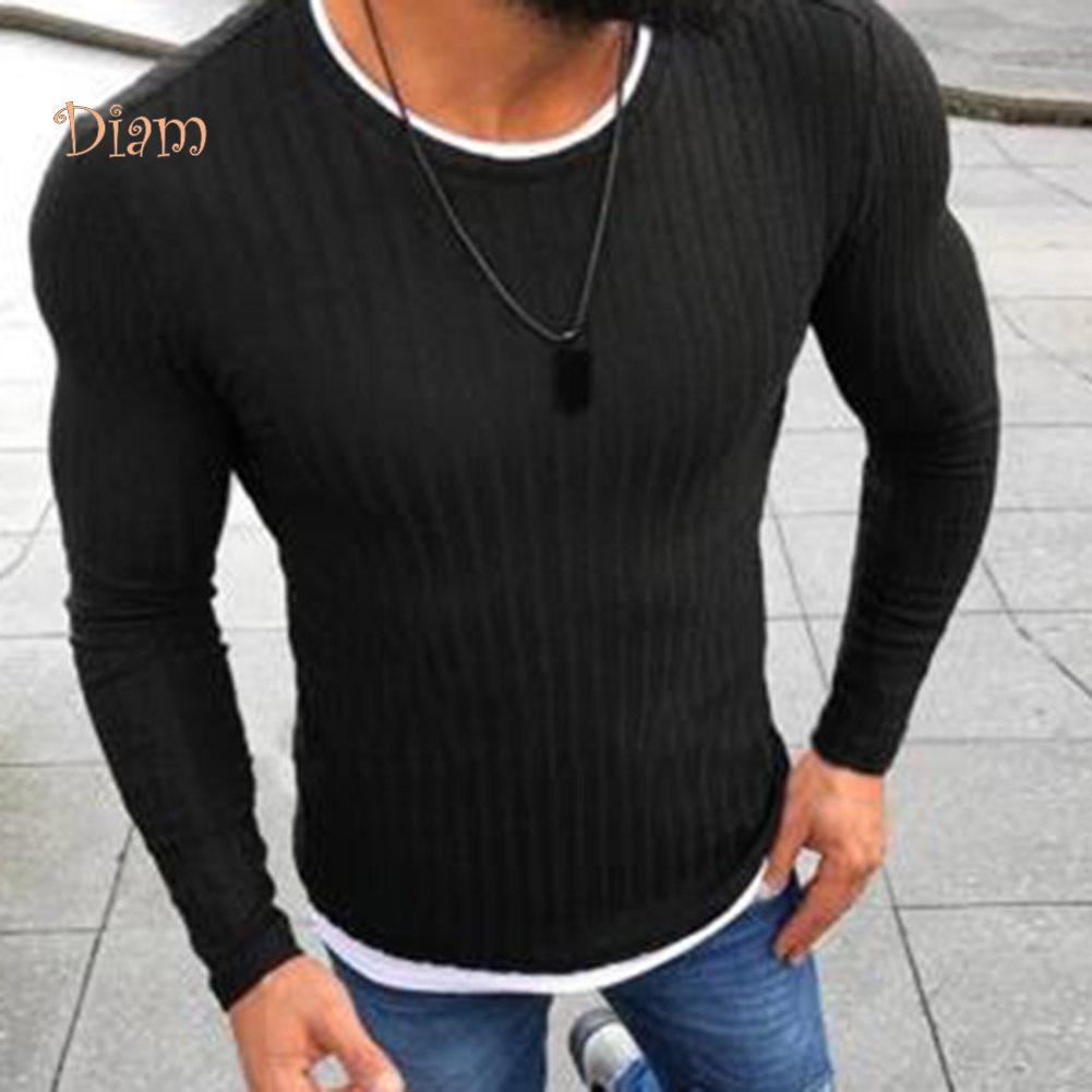 TOPMART-MEN's WEAR Color Block Patchwork O Neck Long Sleeve Pullover Knitted Sweater