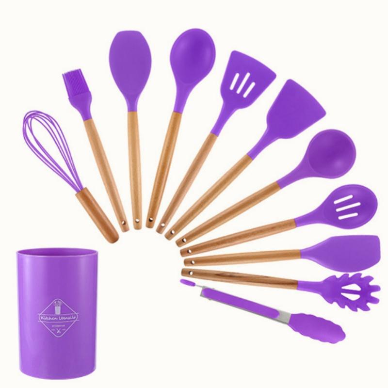 12Pcs Silicone Utensils Set Black Non-Stick Cookware Wooden Handle Spatula Shovel Egg Beaters Kitchenware Kitchen Accessories