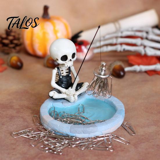 Funny Office Desk Decor Fishing Skeleton Magnetic Paperclip Holder, Skull Supplies Organizer Small Stationeries with Storage Tray, Resin Desktop