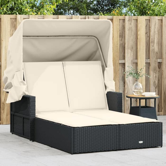 VidaXL Chaise Longue Double et Auvent et Coussins, Bain de Soleil, Transat de Jardin Patio Terrasse Arrière-cour, Noir 365806