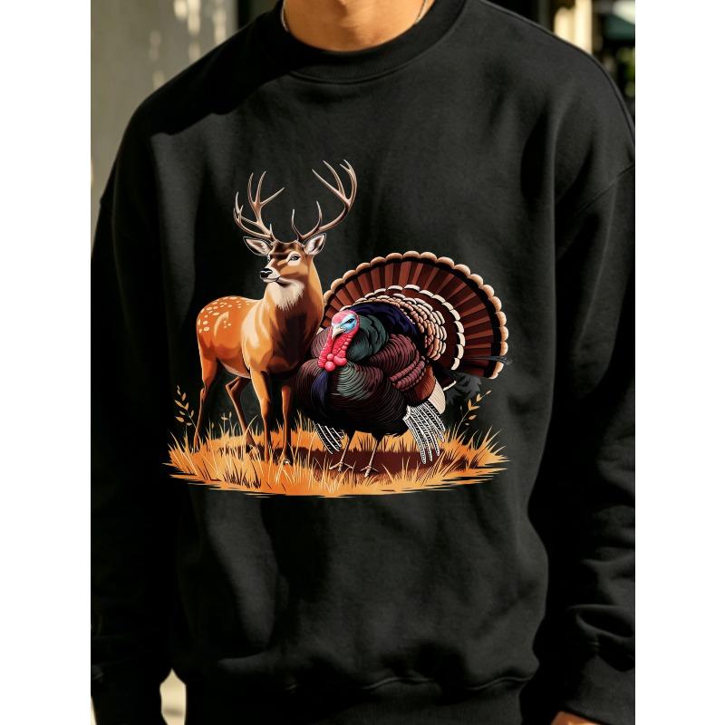 Men'S Sweatshirt, Casual Streetwear Pullover, Vintage Deer And Turkey Graphic Print, Autumn Wildlife Hunting Theme Crewneck