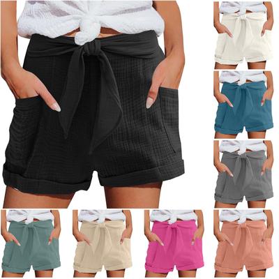 Damen Leinenshorts Sommer Strand Lässige Bequeme Shorts Elastische Taille Leichte Shorts Mit Taschen Freizeitshorts