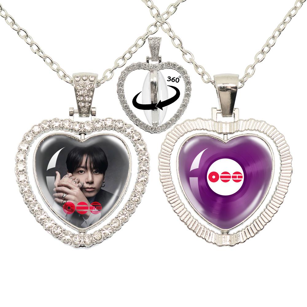 BTS Doppelseitige 360° drehbare Herz Halskette, Bangtan Boys Gruppe & Mitgliedsfoto Anhänger, Kpop ARMY Fans Schmuck Geschenk