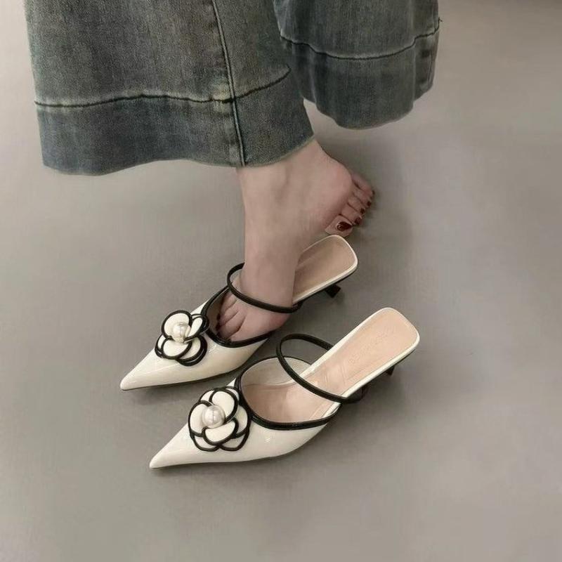Fashion 2025Hot sale Summer Women Slippers High Heel British Style Pointed  Banquet and Professional Wear  Casual Sandals