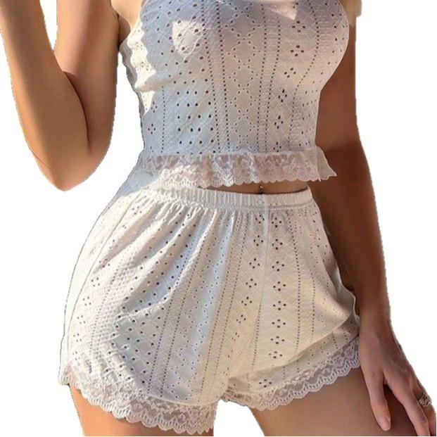 European and American jacquard breathable comfortable pajamas women's sleeveless suspenders shorts two-piece set sexy loungewear women's