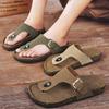 Leather Upper Cork TPR Soft Sole Men's Flip Flops Adjustable Buckle Slip On Flat Slippers with Arch Support Outdoor Beach Slides