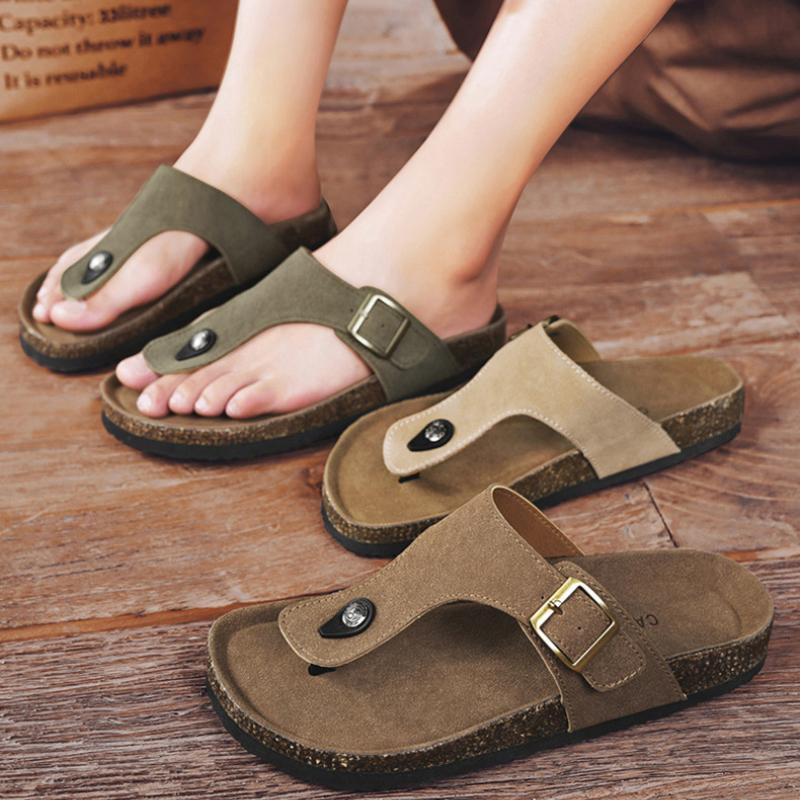 Leather Upper Cork TPR Soft Sole Men's Flip Flops Adjustable Buckle Slip On Flat Slippers with Arch Support Outdoor Beach Slides