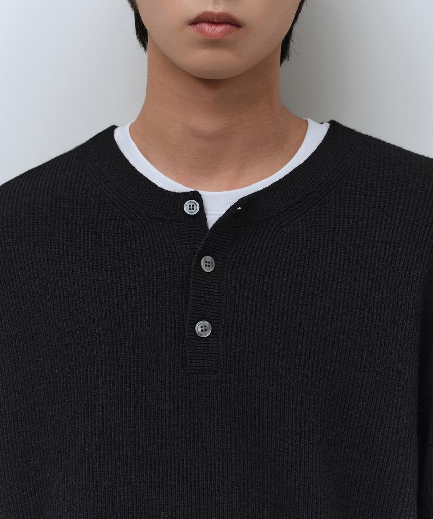 Musinsa Standard [Victoria Wool] Jersey de canalé minimalista con cuello Henley [Negro]