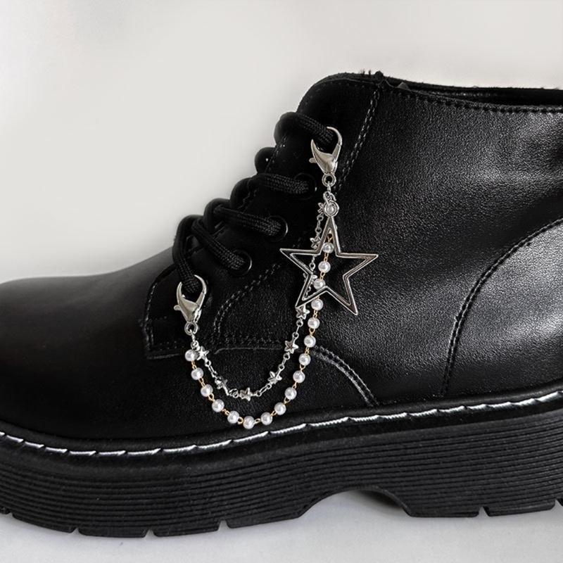 Doppellagige Schuhkette Canvas Schuhe Ketten Punk Stil Stern/Herz Perlen Schuhschnallen Schmuck Trendy Y2k Accessoires