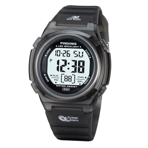 

PINDOWS Женские цифровые спортивные часы Водонепроницаемые часы 50 метров с LED-подсветкой, календарем, будильником