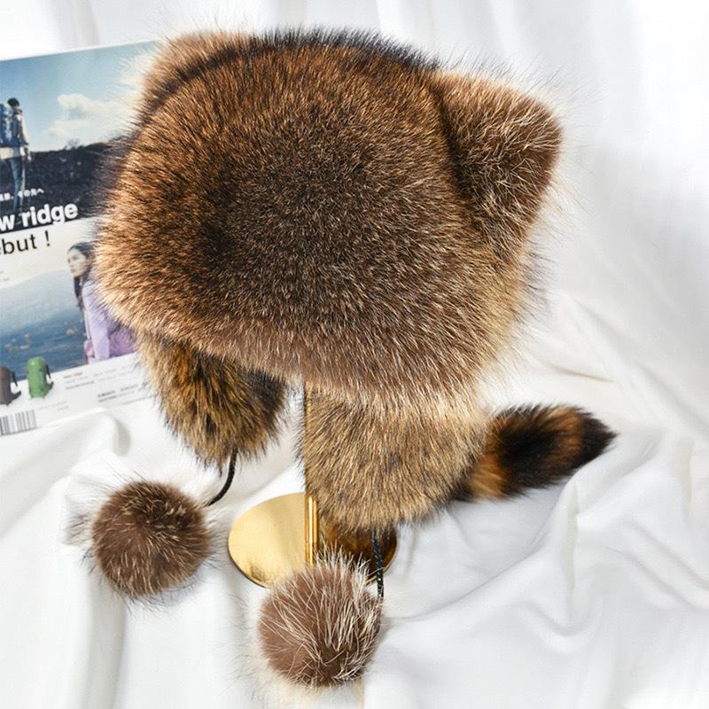 

Маленькая шапка-ушанка из меха енота-повелителя, утепленная шапка для осени и зимы, женская шапка из американского енота, защита ушей, искусственный мех лисы M（56-58cm）