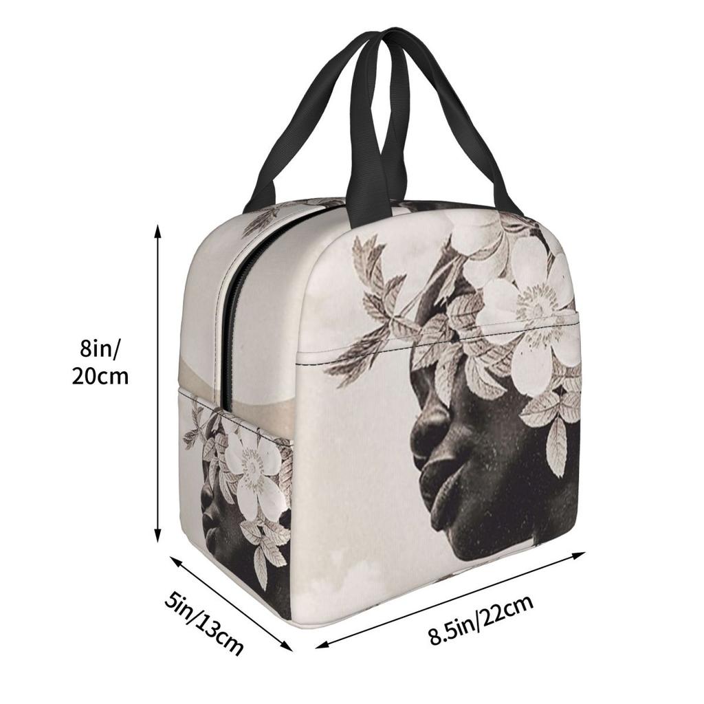 White Flower Black Woman Insulated Lunch Bag for Women Children Portable Food Boxes Thermal Lunch Box Tote