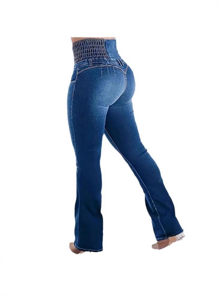 2025 Europeiska & Amerikanska Blå Deformerade Stretchjeans med Hög Midja