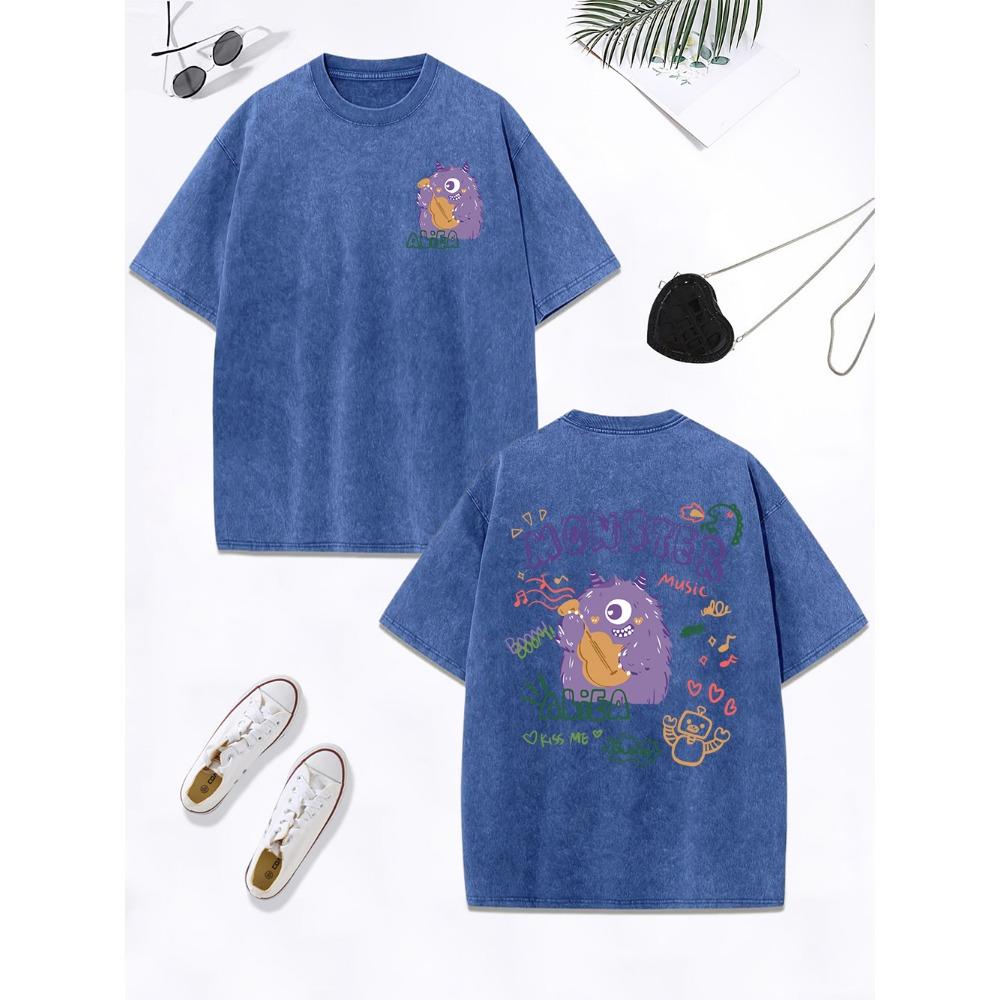 Purple Plush One-Eyed Monster Prints Washed T-Shirts Women Cotton Oversized Tops Comfortable T Shirt Summer Woman Clothes