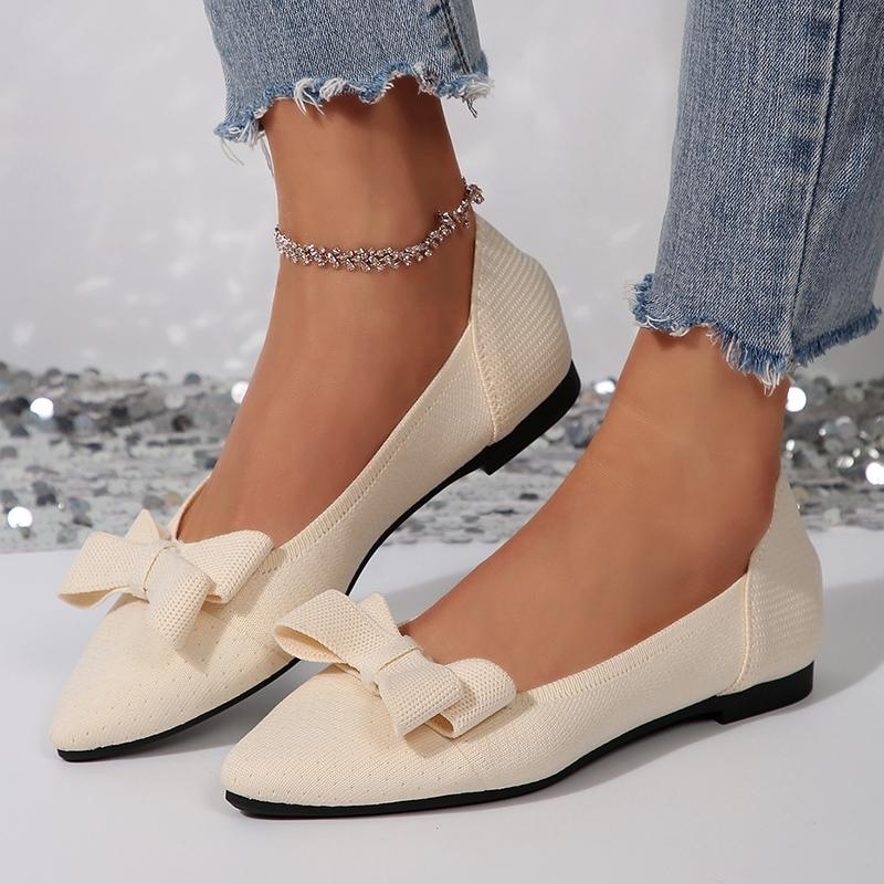 Bowknot Decor Elastic Knit Flat Shoes for Women Lightweight Slip On Casual Shoes Woman Spring Summer Comfort Soft Sole Loafers