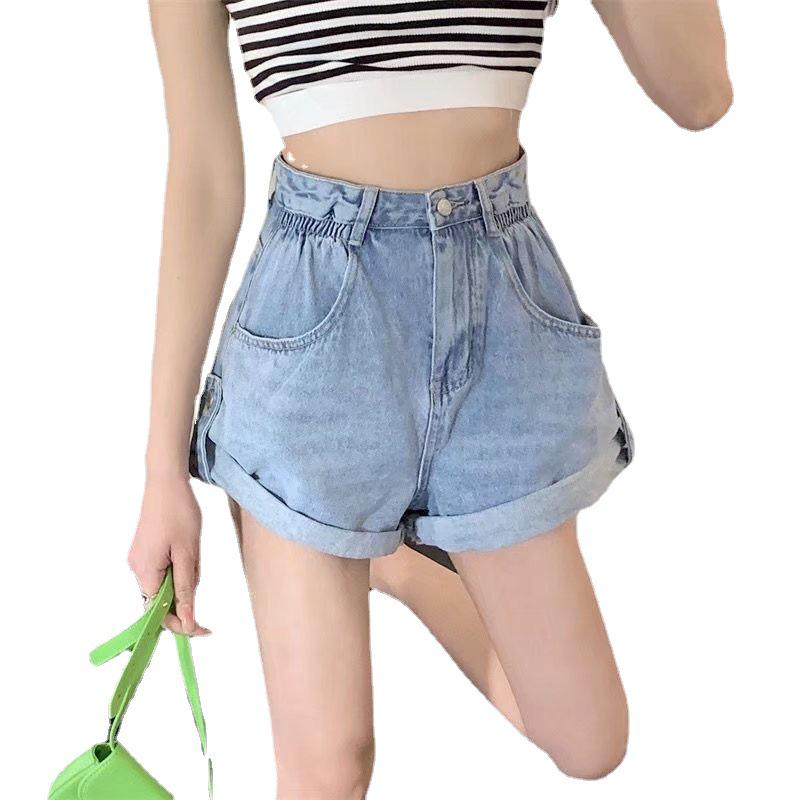 Summer 2024 Women's High-Waisted Retro Wide-Leg Denim Shorts with Rolled Hem