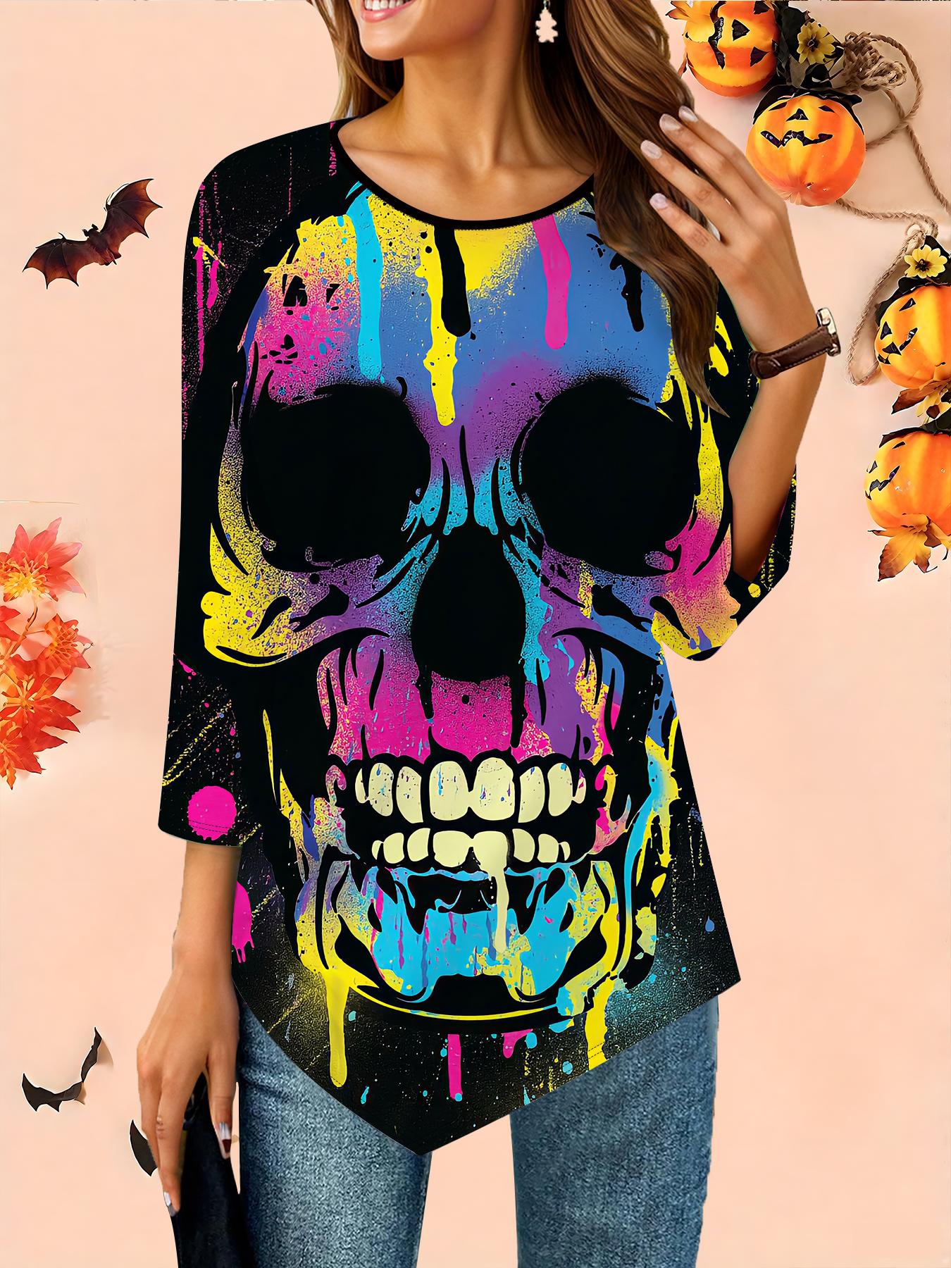 

Женская свободная футболка с круглым вырезом и рукавом три четверти, 3D-рисунок на Хэллоуин, идеальный подарок на Хэллоуин и Рождество XS
