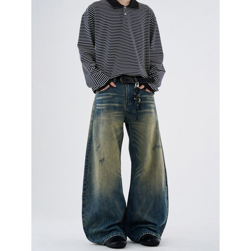 Kisko American Retro Washed Distressed Yellow Mud Curved Knife Jeans Unisex Design Loose Straight Pants Trendy