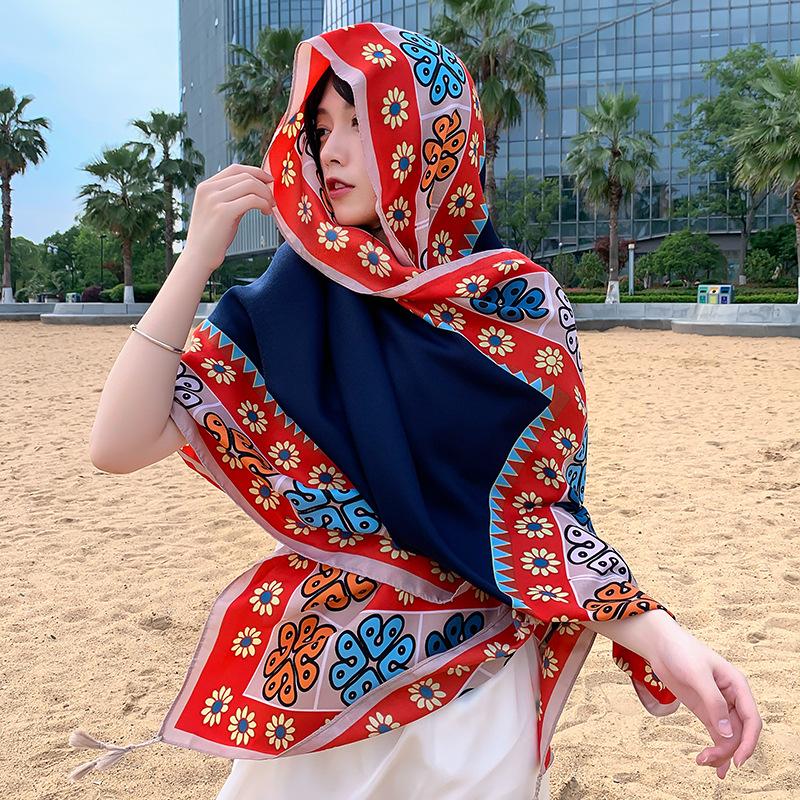 New Summer Elegant Women Silk Scarf Beach Long Wrap Shawl Vintage Red Print Sunscreen Bandana Hijab Mujer Bohemian Scarve Pareo