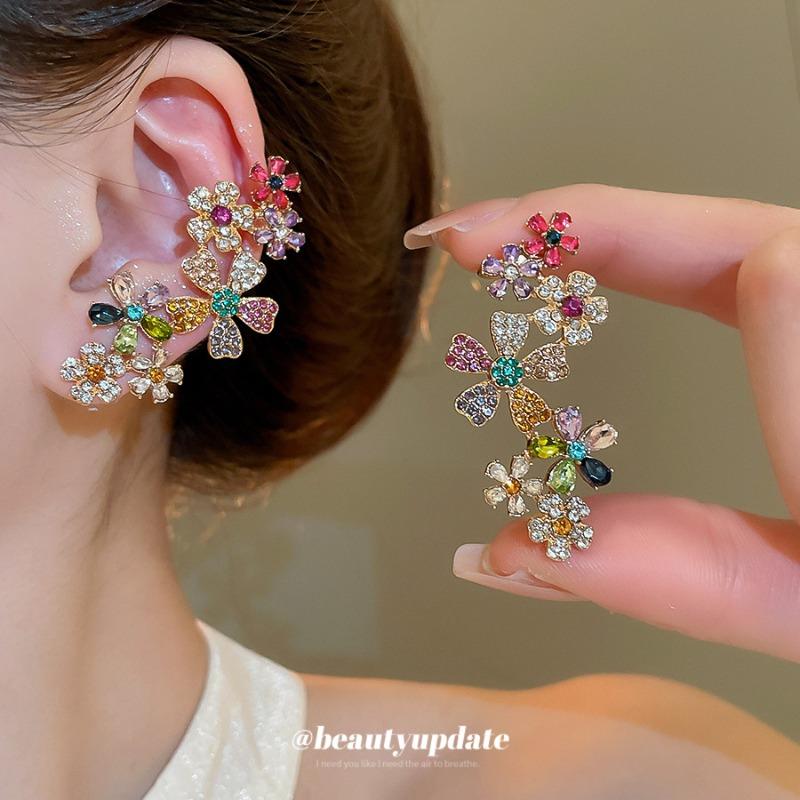 K Real Gold Electroplated Silver Needle Flower Stud Earrings, Earclips, Integrated Earrings, Light Luxury, High-end Fashion Earrings, Niche