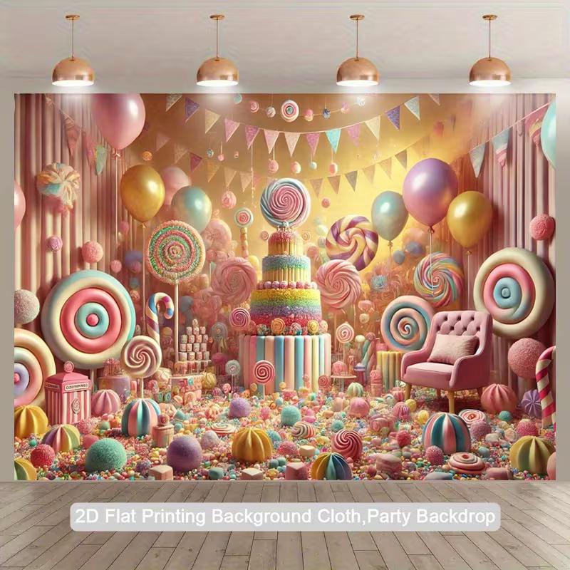2D Flat Printing Candy Themed Backdrop with Giant Lollipops for Birthday and Baby Shower