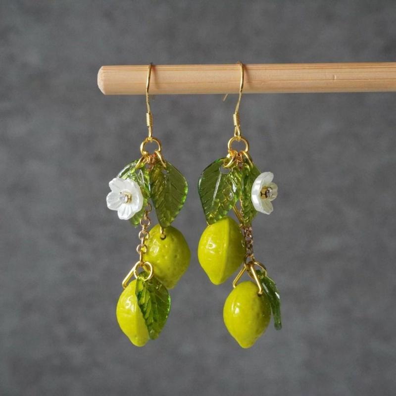 Czech glass lemon earrings Light weight fruit food earrings can love Kawaii earrings Pastoral earrings for her birthday present