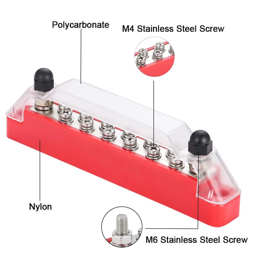 12V Power Distribution Block with 2x 1/4" (M6) Connector Bolts and 12x M4 (#8) Connection Screws Power Rail Connector Block Positive and Negative