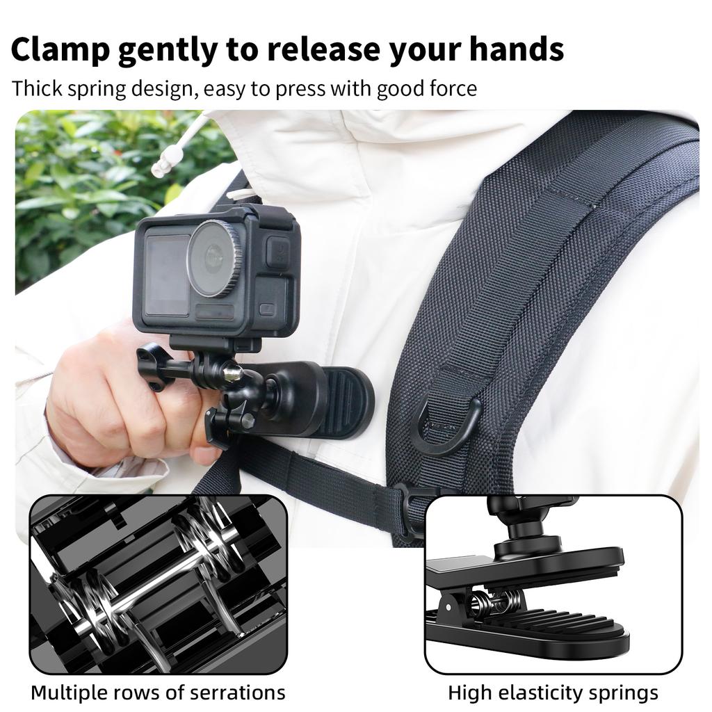 For GoPro/DJI/Insta360 Action Camera 360 Degrees Rotation Backpack Clip Camera Mount Bracket