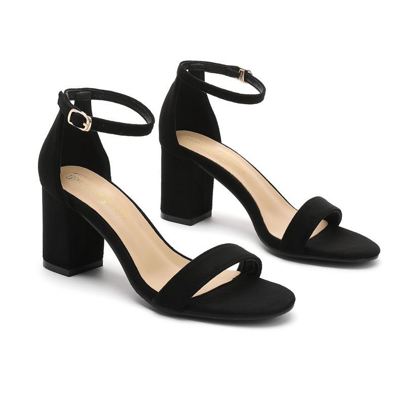 Fashion Black Suede High Heel Sandals for Women Comfortable Strappy Block Heel Open Toe Summer