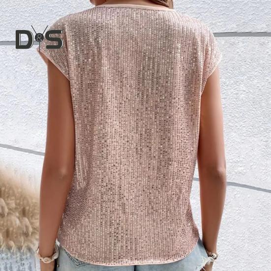 Camiseta de mujer con cuello redondo, sin mangas, holgada, con lentejuelas brillantes, informal, de corte regular, para uso diario