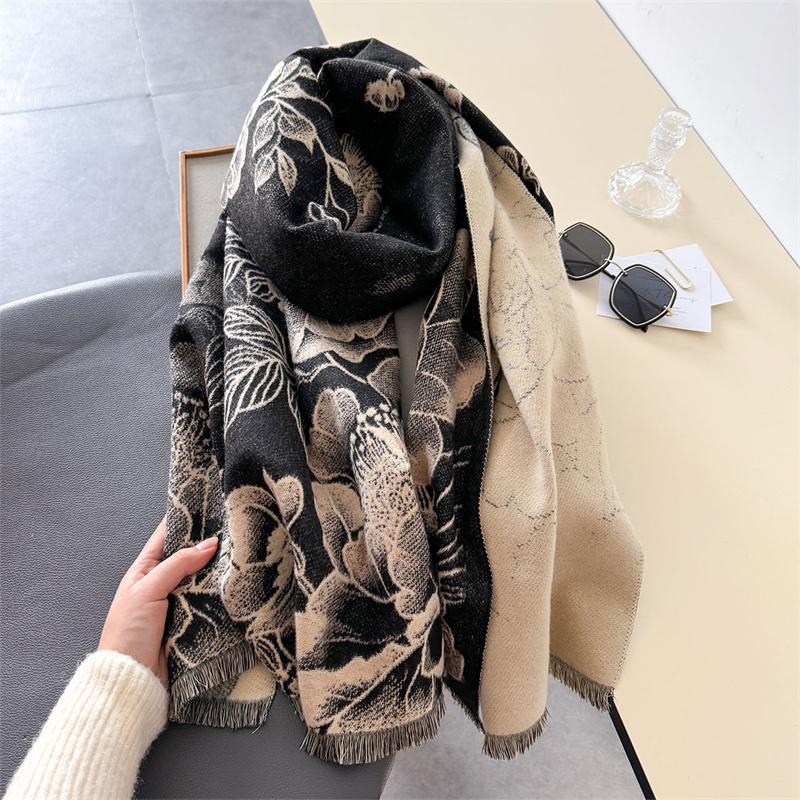 Écharpe Châle Wrap Pashmina de Luxe pour Femmes Design Hiver Chaud Écharpes en Cachemire Bandana Féminin Couverture Épaisse Douce Bufanda black