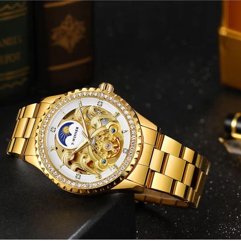 Luxury Men's Gold Case Mechanical Watch with Moon Phase Stainless Steel Strap Waterproof Automatic Wristwatch for Male Fashion