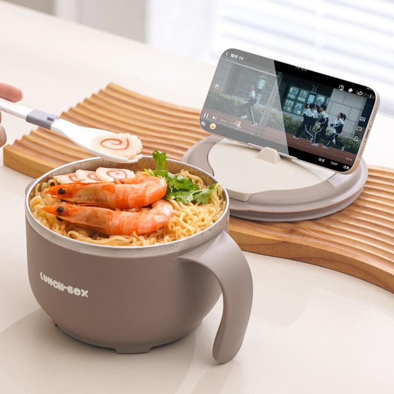Stainless Steel Noodle Bowl With Lid Portable Leakproof Soup Students Dormitory Cafeteria Use