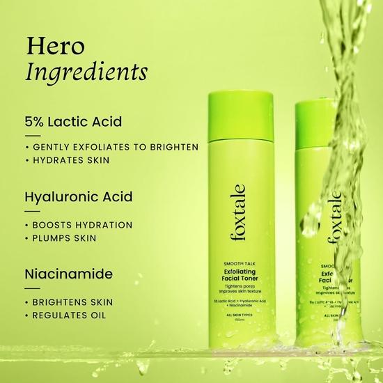 Foxtale Exfoliating Face Toner with 5% Lactic Acid for Pore Tightening & Gentle Exfoliation, Alcohol Free, Men & Women, 150 Ml