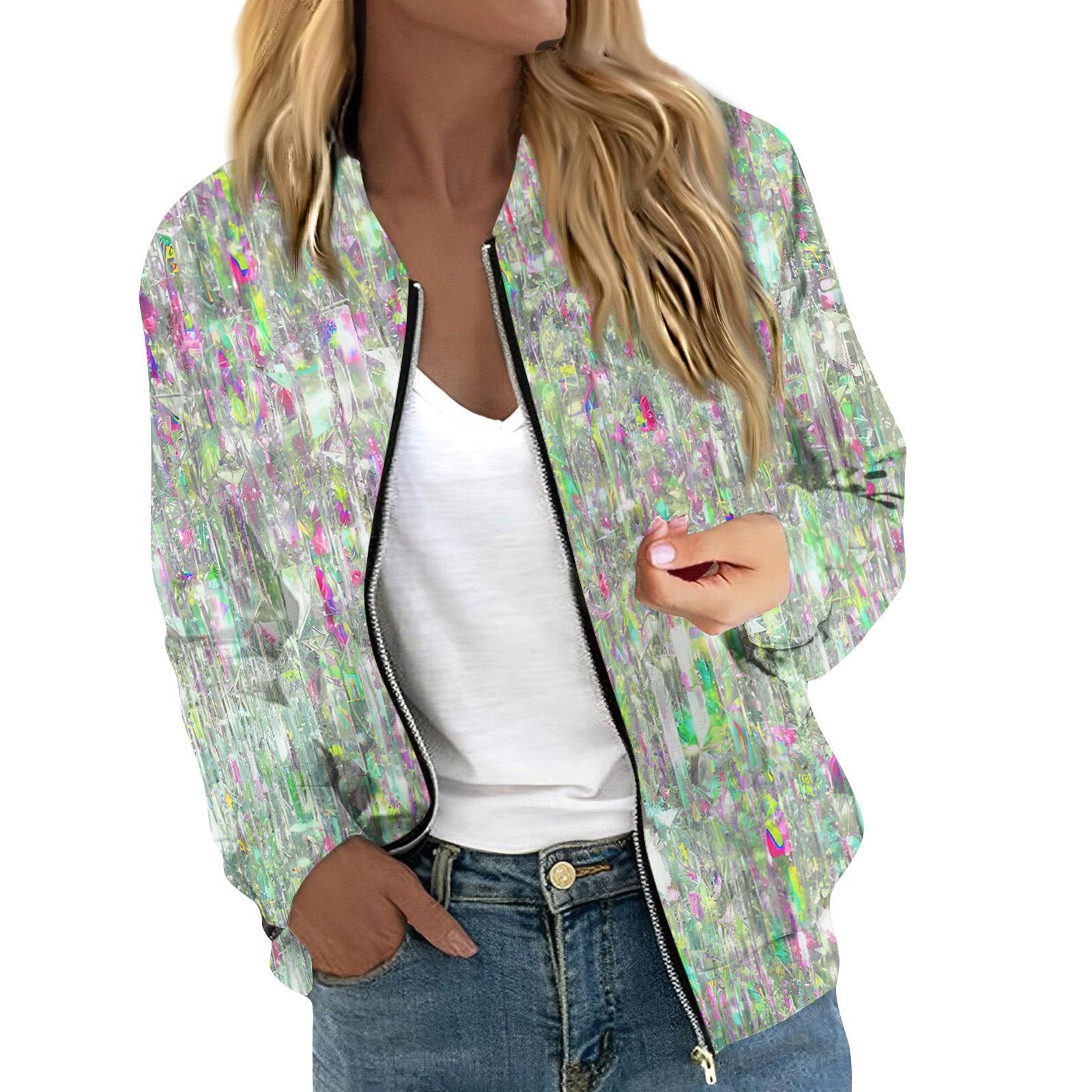 

Жіноча куртка з довгим рукавом, легка укорочена різнокольорова принтована верхня куртка на блискавці, повсякденна стьобана куртка з кишенями XXL