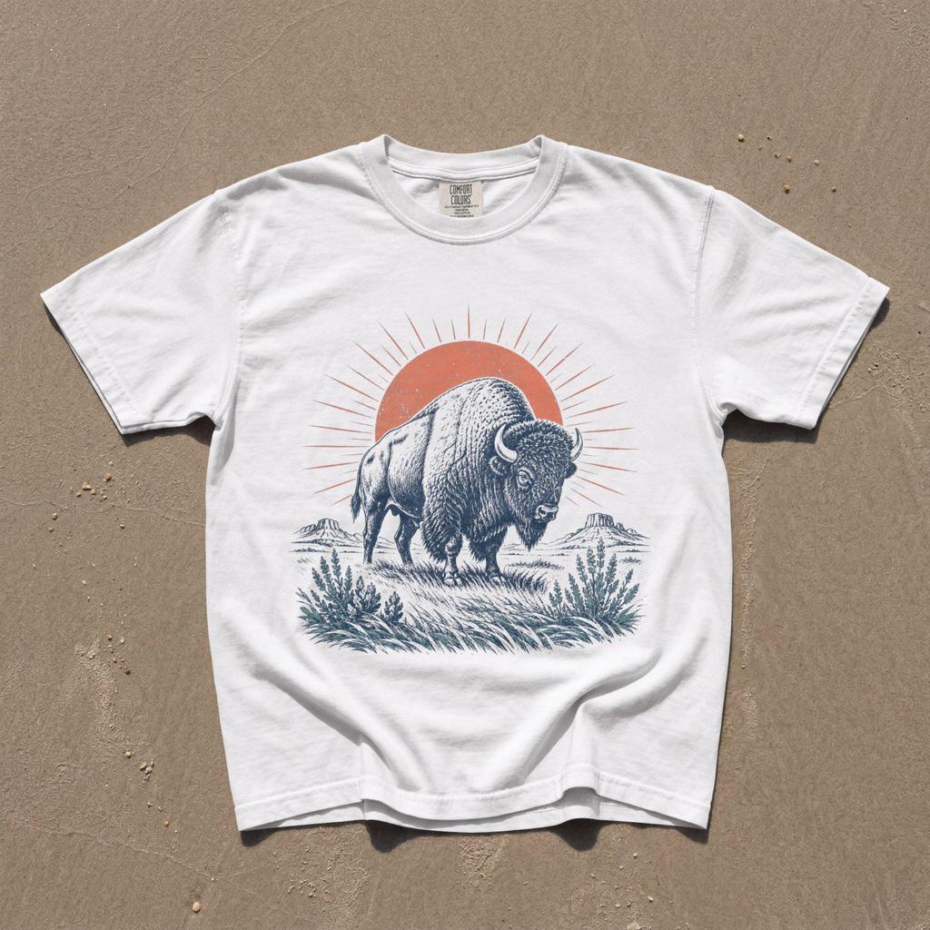 Bison T-Shirt, Prairie Sunburst Wildlife Graphic, Retro Western Buffalo Nature Art, Comfort Colors® Outdoorsman Gift