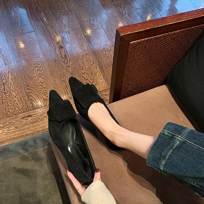 Schafsleder-Version~ Französische quadratische Schnalle Leder weiche Sohle Mary Jane Einzelschuhe Damen schöne kleine Absätze flache spitze Schuhe Damenschuhe