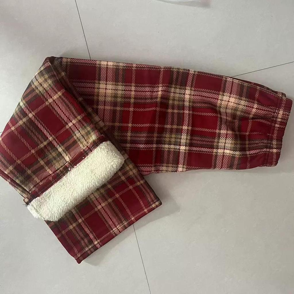 Women's Lambswool Plaid Fleece-Lined High-Waisted Loose Straight-Leg Wide-Leg Pants for Autumn/Winter 2025