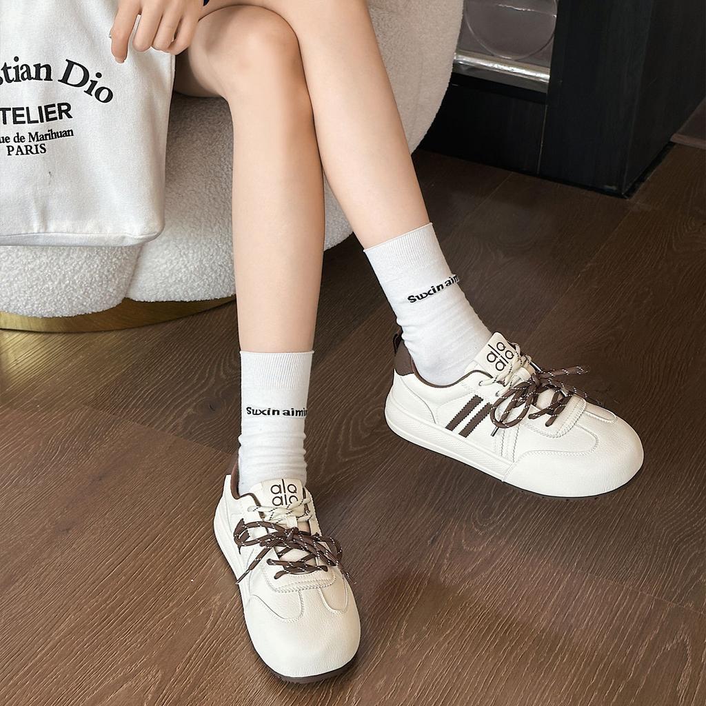Leather thick-soled German training shoes women's autumn new versatile and lightweight round head color matching lace-up sports board shoes