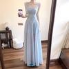 2025 Elegant Summer Blue A-Line Spaghetti Strap Dress for Women - Slimming Waist-Cinched Beach Vacation Style