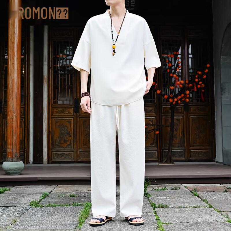 ROMON Men s New Chinese Style Ice Silk Summer Set L