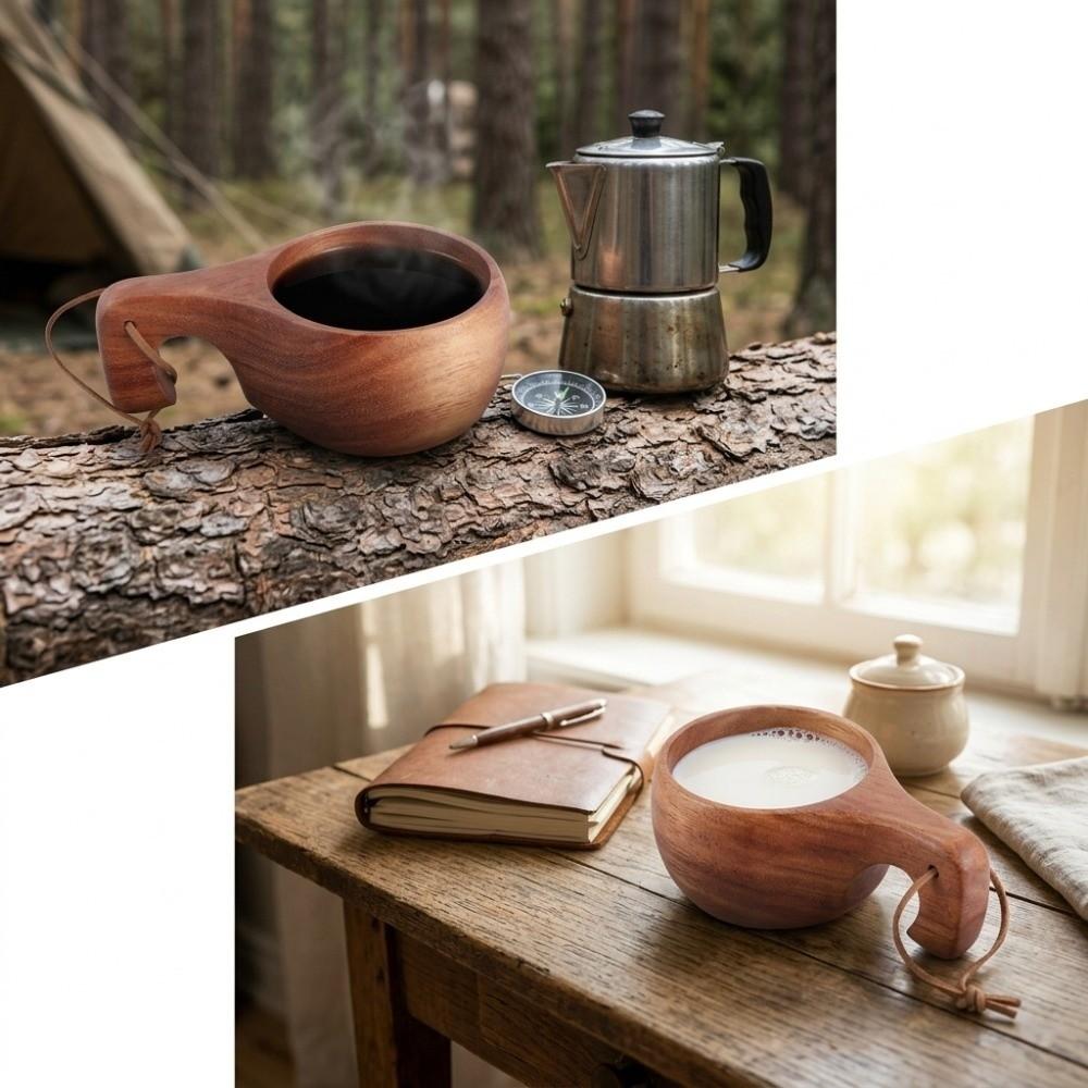 Wooden Salad Mug Built in Side Handle Coffee Mug Lightweight Handle Cup Afternoon Tea