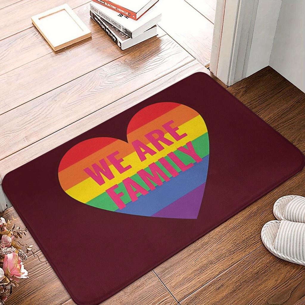 Rainbow Heart "We Are Family" Doormat, Inclusive Pride Design Floor RugMachine Washable Polyester for Entryway Living Room