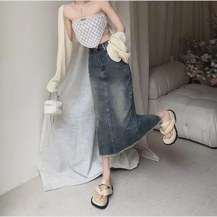 High Waist Elastic Denim A-Line Skirt - Women's Mid-Length Slim Fit Wrap Skirt for Summer