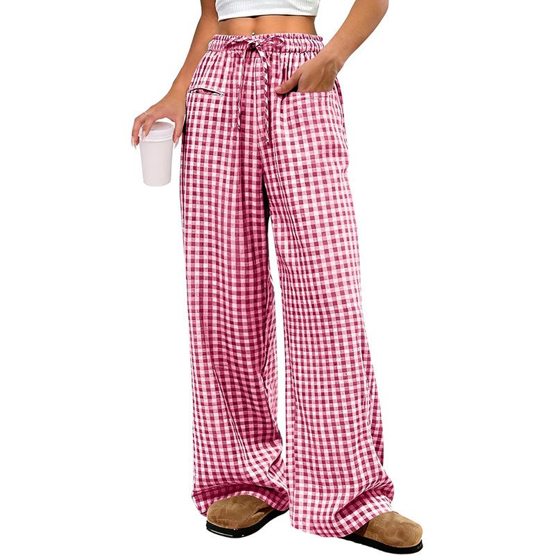 2026 Women's European & American Plaid Trousers - Spring/Summer Casual, Loose Fit, Elastic Waist, Wide Leg with Pockets